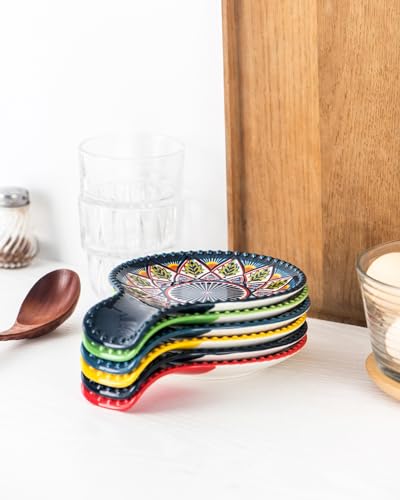 Ceramic Spoon Rest Set of 6 - Colorful Kitchen Utensil Holder & Counter Organizer