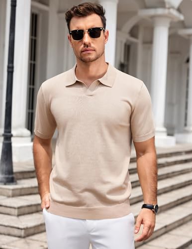 Men's V Neck Short Sleeve Stretch Knit Polo Shirt - Medium Khaki