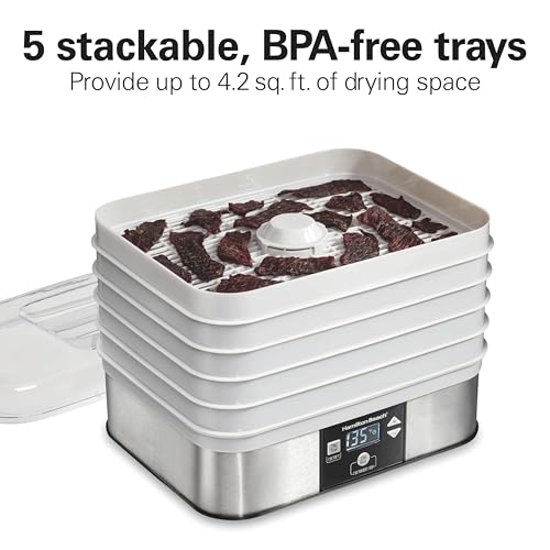 Hamilton Beach Digital Food Dehydrator for Fruit and Jerky, Vegetables and More, 5 Trays, Adjustable Temperature, 48 Hour Timer + Auto Shutoff, Grey (32100A)