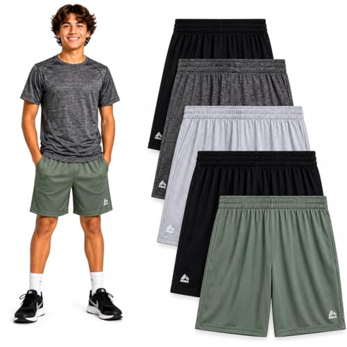Boys Mesh Basketball Shorts with Pockets - Black Green, 14-16, Athletic Workout