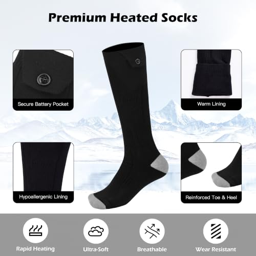Rechargeable Heated Socks for Men Women Black - Battery Powered Thermal Foot Warmers for Cold Weather Hiking Hunting Winter Outdoor