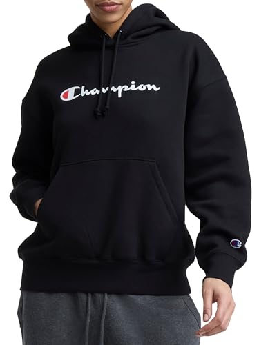 Champion Women's Pullover Fleece Hoodie Large Black Loose Fit Midweight Script Logo