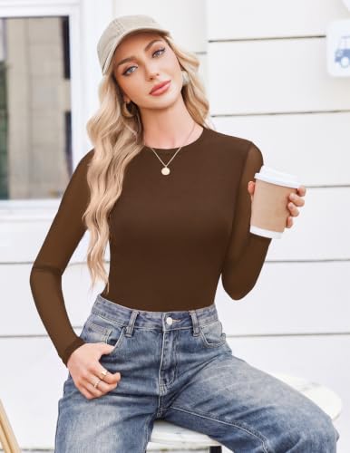Ekouaer Women's Mesh Long Sleeve Top Fall Fashion Crew Neck Slim Fit Shirt - Small, Brown