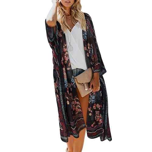 MayBuy Women's Summer Long Flowy Kimono Cardigans Boho Chiffon Beach Cover Up Tops