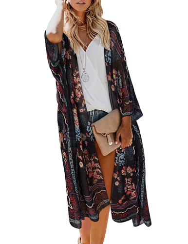 Women's Long Lightweight Kimono Cover Up - Black Floral Large