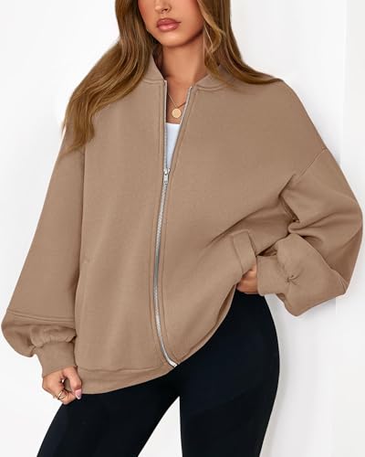 KIRUNDO Oversized Zip Up Bomber Jacket for Women Khaki Small