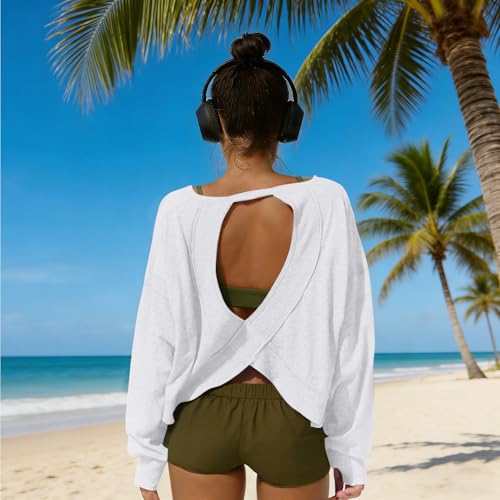 Open Back Workout Crop Top for Women Small White - Casual & Athletic Long Sleeve Tee