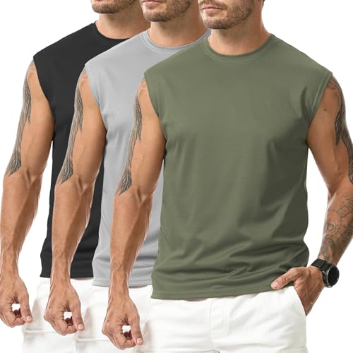Suwangi Men's Tank Tops 3 Pack Quick Dry Workout Sleeveless Shirts - Large, Black/Grey/Army Green