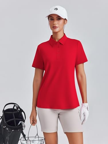 PINSPARK Women's Golf Polo Shirt Large Red UPF 50+ Quick Dry Collared Shirt