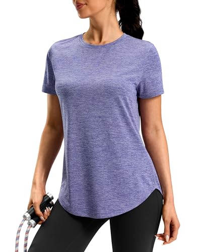 Women's Workout Shirts Bum-Covering Length Short Sleeve Lightweight Dry Fit - Large Purple