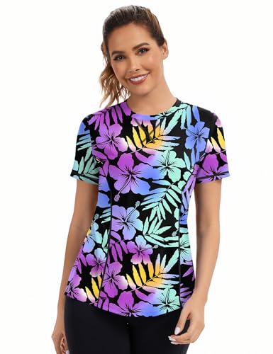 Avoogue Women's Short Sleeve Workout Top UPF50+ Sun Shirt - Large / Colorful Leaves