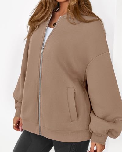 KIRUNDO Oversized Zip Up Bomber Jacket for Women Khaki Small