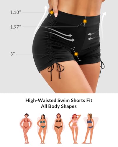 Yonique Women's High Waisted Swim Shorts Tummy Control Bottom Large Black - Plus Size