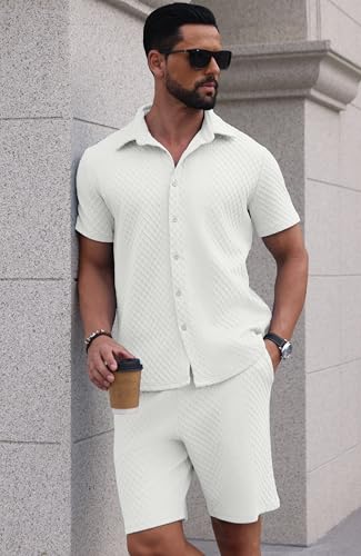 PrinStory Men's Short Sleeve Button-Down Tracksuit Outfit - White, Large