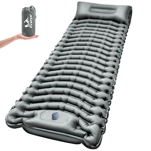 Ultralight Camping Sleeping Pad with Pillow & Built-in Foot Pump - Grey