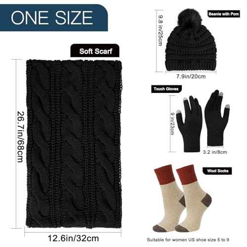 4pcs Winter Beanie Hat Scarf Touch Screen Gloves Warm Knit Socks Set for Women Knit Hat with Faux Fur Ball Scarves Glove