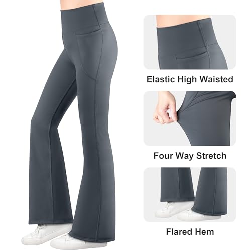Big Elephant Girls Flare Leggings with Pockets, High-Waisted Dark Gray Small