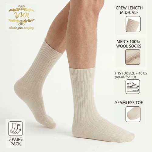 Men's Wool Winter Socks - 3 Pairs Natural Pure Warm Boot Socks - Cream