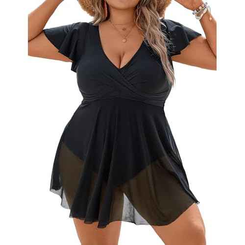 BMJL Women's Plus Size Swimsuit One Piece Tummy Control Bathing Suit Ruffle Sleeve Swim Dress