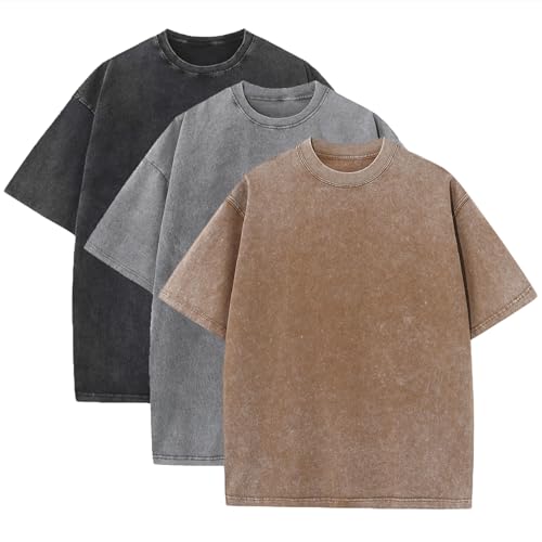 Men's Oversized Heavy Cotton Summer T-Shirts Set - Large Black Gray Coffee