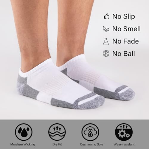 Mens Cushioned Ankle Socks - 12 Pack Low Cut Breathable Casual Socks, White, Size 6-11