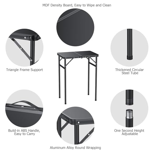 Portable Folding Camping Table with MDF Desktop and Black Finish - Adjustable Height