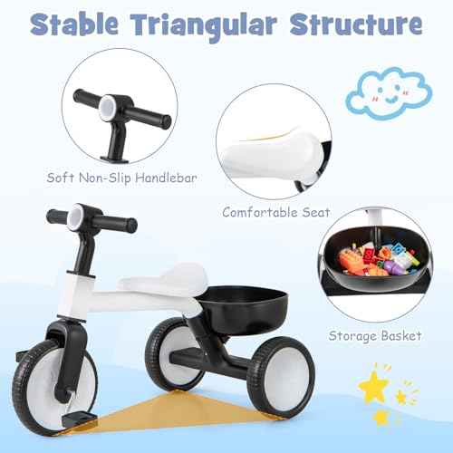 BABY JOY Toddler Tricycle, 2-in-1 Kids Tricycle Auxiliary Balance Bike with Carbon Steel Frame, Detachable Pedals & Removable Storage Basket, Toddler Trikes for 2-4 Year Old Baby Boy Girl