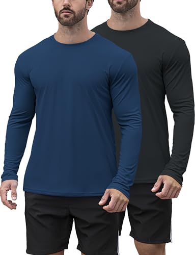Men's UPF 50+ Quick-Dry Long Sleeve Rash Guard Shirt - Black & Navy Blue, X-Large