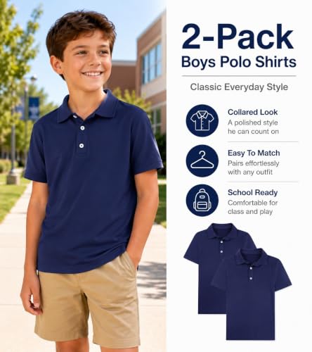 10 Years Navy Performance Polo Shirts for Boys - Pack of 2 School Uniforms