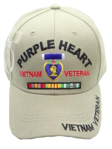 Vietnam Veteran Baseball Cap with Purple Heart Medal - Adjustable Beige Hat