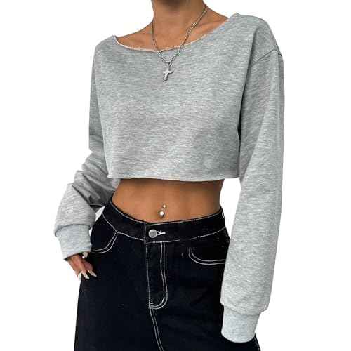 Remidoo Women's Off the Shoulder Cropped Sweatshirt Asymmetrical Neck Long Sleeve Crop Tops