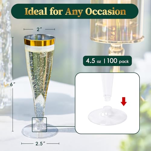 100 Pack Gold Rim Champagne Flutes - 4.5 oz Plastic Disposable Glasses