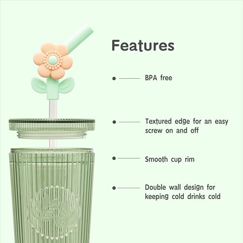 Bzyoo 26oz BPA-Free Tumbler with Straw & Lid - Green Flower Variation