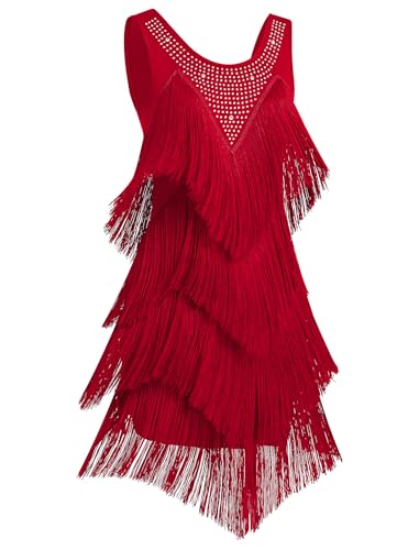 Red Rhinestones Layered Fringe Dance Dress for Women - Ballroom Latin Flapper Costume