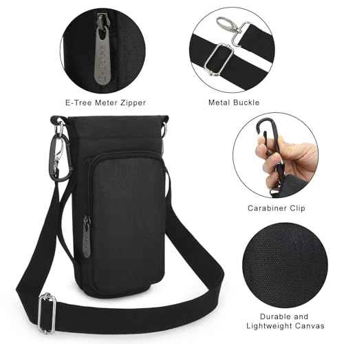 Water Bottle Carrier Bag, Small Canvas Crossbody Purse Portable Water Bottle Sling Holder Case with Adjustable Shoulder Strap and Phone Pocket Pouch for Men Women Hiking, Black