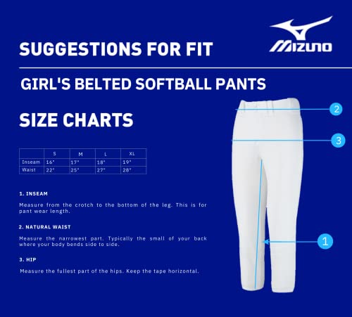Girls' Belted Softball Pants - Large Grey Mizuno Performance Fit