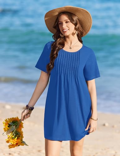 Ekouaer Women's Swimsuit Coverup T-Shirt Dress with Pockets - Blue, Large