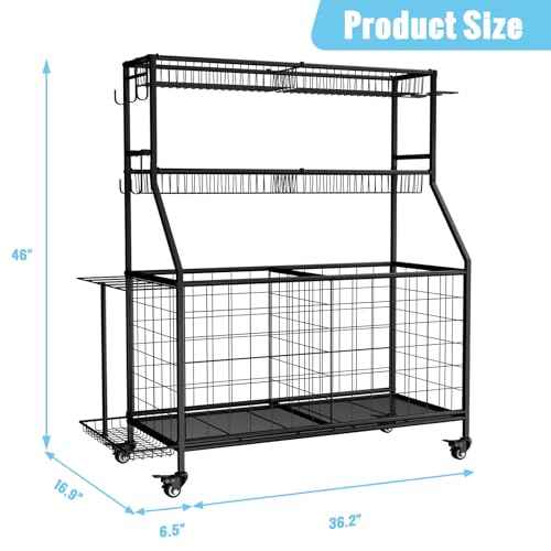 WUC Sports Equipment Garage Organizer - Garage Ball Storage Rack with Basket, Hooks and Rolling Cart for Sports Gear and Toy Storage, Black
