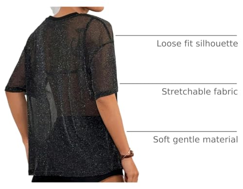 Women Sparkly Glitter Rave Outfits Sheer Going Out Top - Medium Black - Y2K