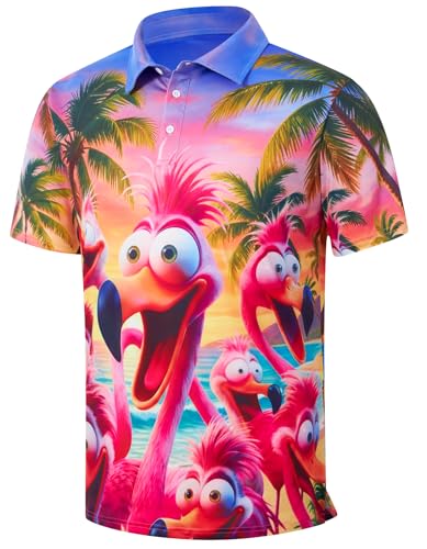 X-Large Golf Polo Shirts for Men Short Sleeve Dry Fit Performance Athletic Flamingos Hawaiian