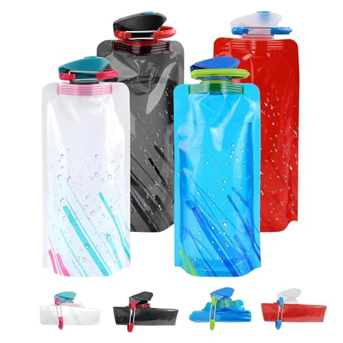 Colorful 4-Pack Collapsible Water Bottles 20oz - Leakproof & Portable for Travel, Hiking, Sports