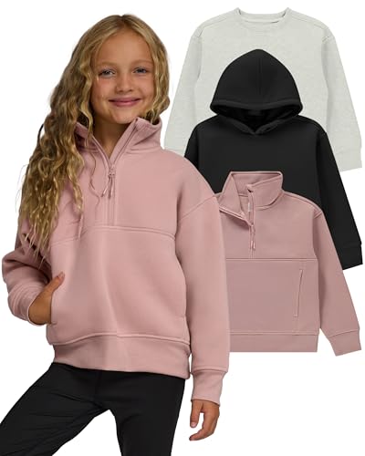 Girls Hoodies 3-Pack - Black Oatmeal Pink Oversized Fleece Sweatshirts, Drop Shoulder & Quarter Zip
