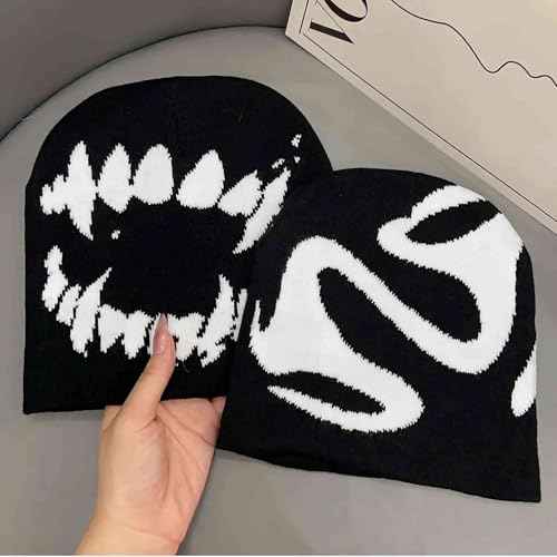 Black Graphic Beanie for Men Women, Streetwear y2k Knitted Hat, Slouchy Goth Skull Cap (2 pcs)