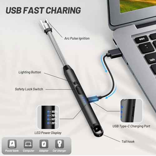 VEHHE Electric Lighter with 360¡Æ Flexible Neck, Flameless Windproof Long Candle Lighter with Led Battery Display, USB C Rechargeable with Hanging Hook for Gifts BBQ Fireworks (Black)