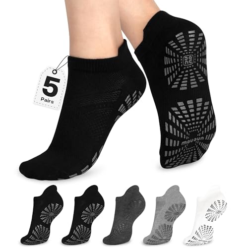 Unenow Women Non-Slip Pilates Socks with Grips 5 Pairs - One Size, Black Grey White
