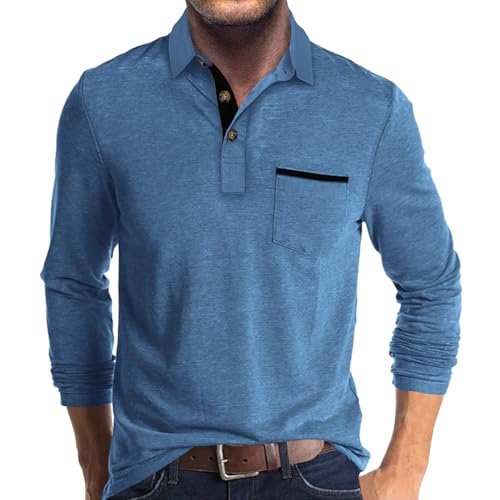 Lexiart Men's Classic Polo Shirt Cotton Button Collar with Pocket - Large Dark Blue