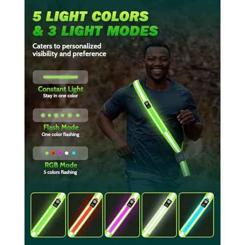 LED Reflective Belt Sash - 5 Lights Colors & 3 Light Modes High Visibility Night Safety Belt, Rechargeable Light Up Running Gear Adjustable Vest Straps for Runners Walkers Men Women