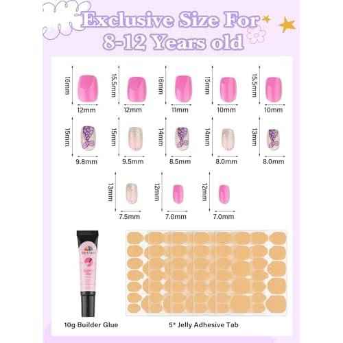 130PCS Kids Press on Nails, TOROKOM Fake Nails Set Short Square Glue on Nails for Girls Gift 8-12 Age, Heart Flower Butterfly Stick on Nails for Kids with Jelly Nail Adhesives & Glue