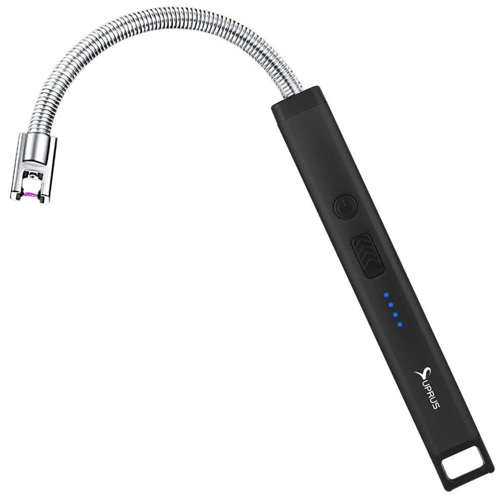 SUPRUS Rechargeable Candle Lighter Electric Arc Triple Safety Long Lighter Stainless Steel Shell & Hanging Hook (Black)