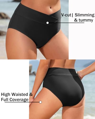 Women High Waisted Cross Front V Cut Bikini Bottoms - Medium Black